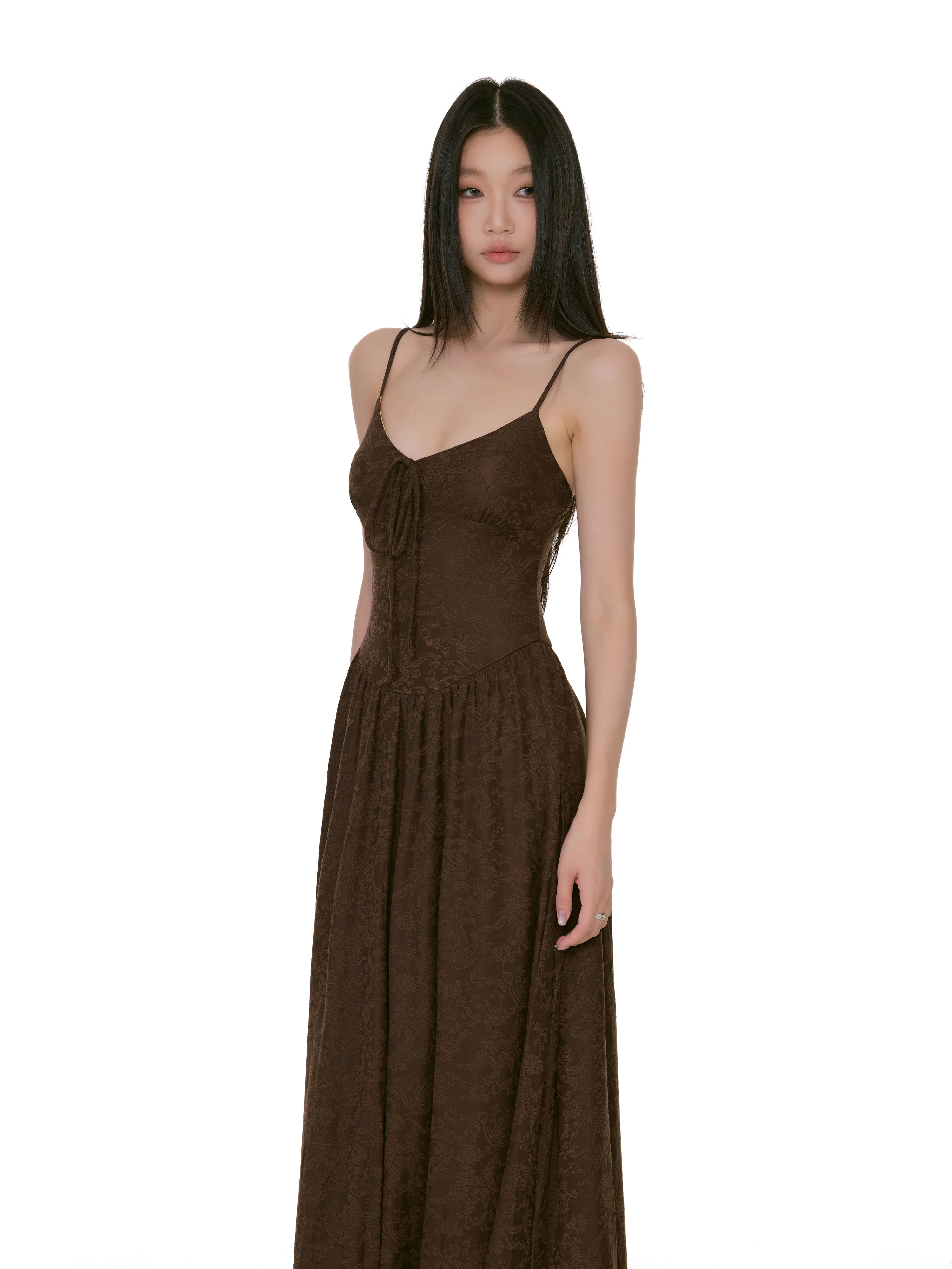 Textured Floral Pattern Spaghetti Strap Maxi Dress with Tie Front - Image 7