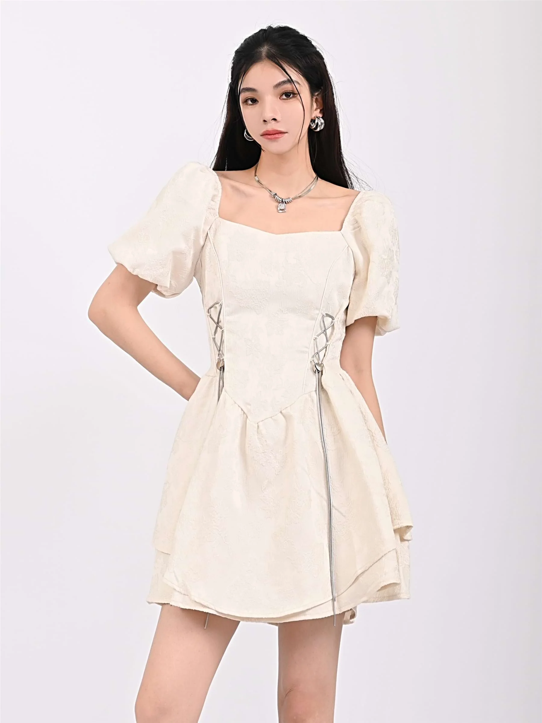 Textured Flower Print Mini Dress - Image 4