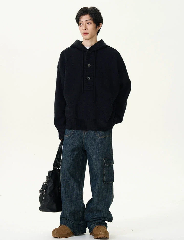 Textured Half Button Ribbed Hem Knit Hoodie - Image 4