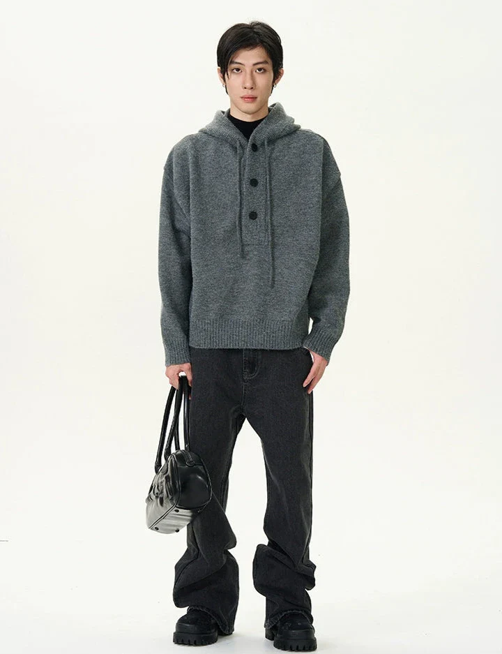 Textured Half Button Ribbed Hem Knit Hoodie - Image 8