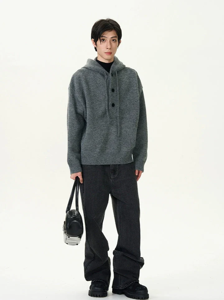 Textured Half Button Ribbed Hem Knit Hoodie - Image 9