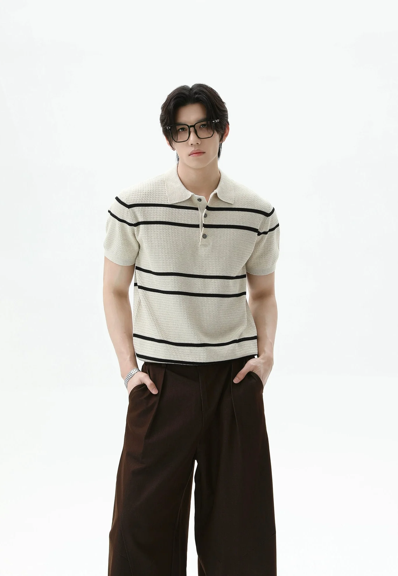 Textured Knit Polo Shirt with Horizontal Stripes
