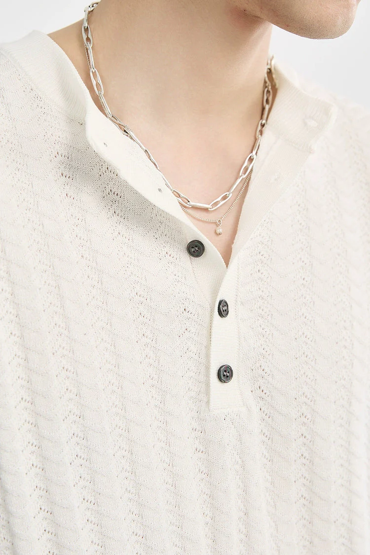 Textured Knit Ribbed Trim Half Button Short Sleeve Shirt - Image 3