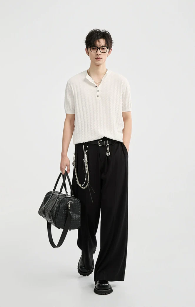 Textured Knit Ribbed Trim Half Button Short Sleeve Shirt - Image 4