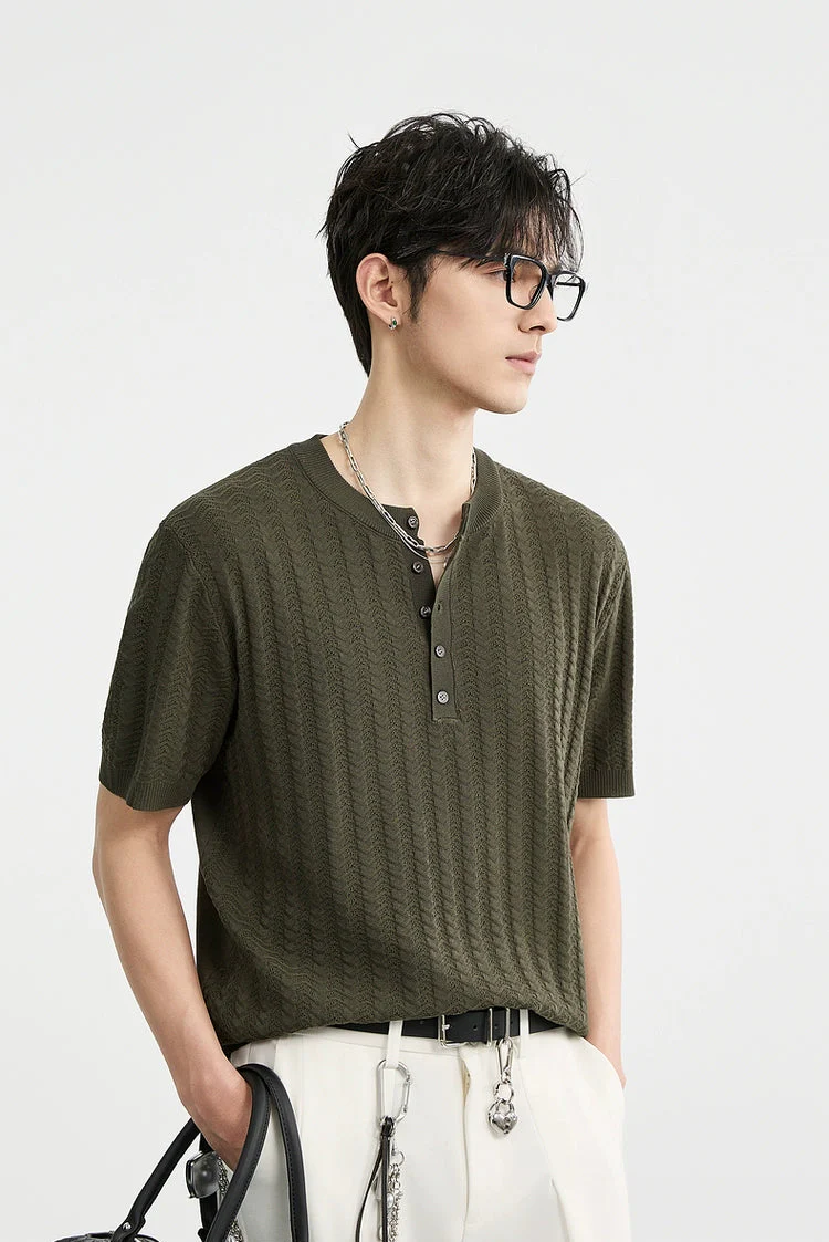 Textured Knit Ribbed Trim Half Button Short Sleeve Shirt - Image 7