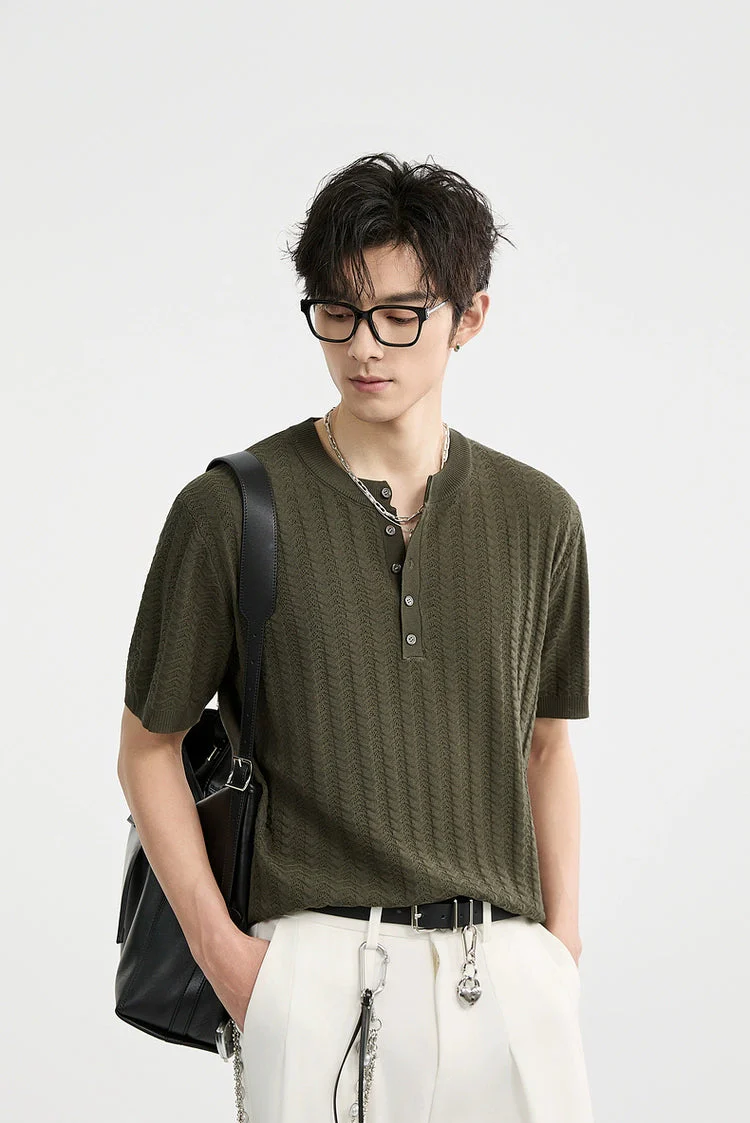 Textured Knit Ribbed Trim Half Button Short Sleeve Shirt - Image 8
