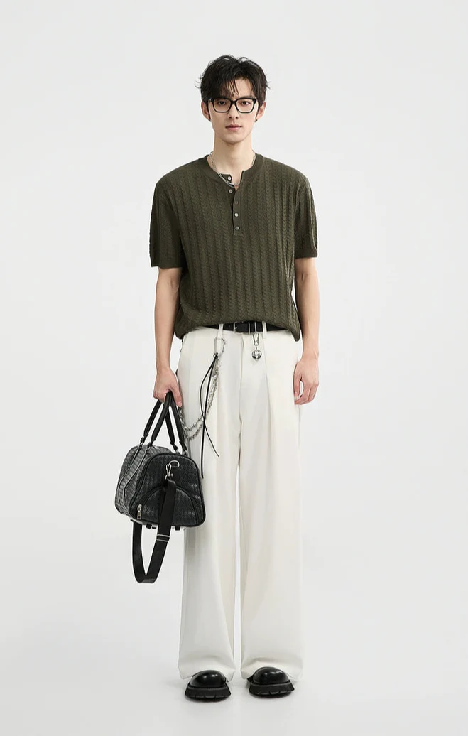 Textured Knit Ribbed Trim Half Button Short Sleeve Shirt - Image 9