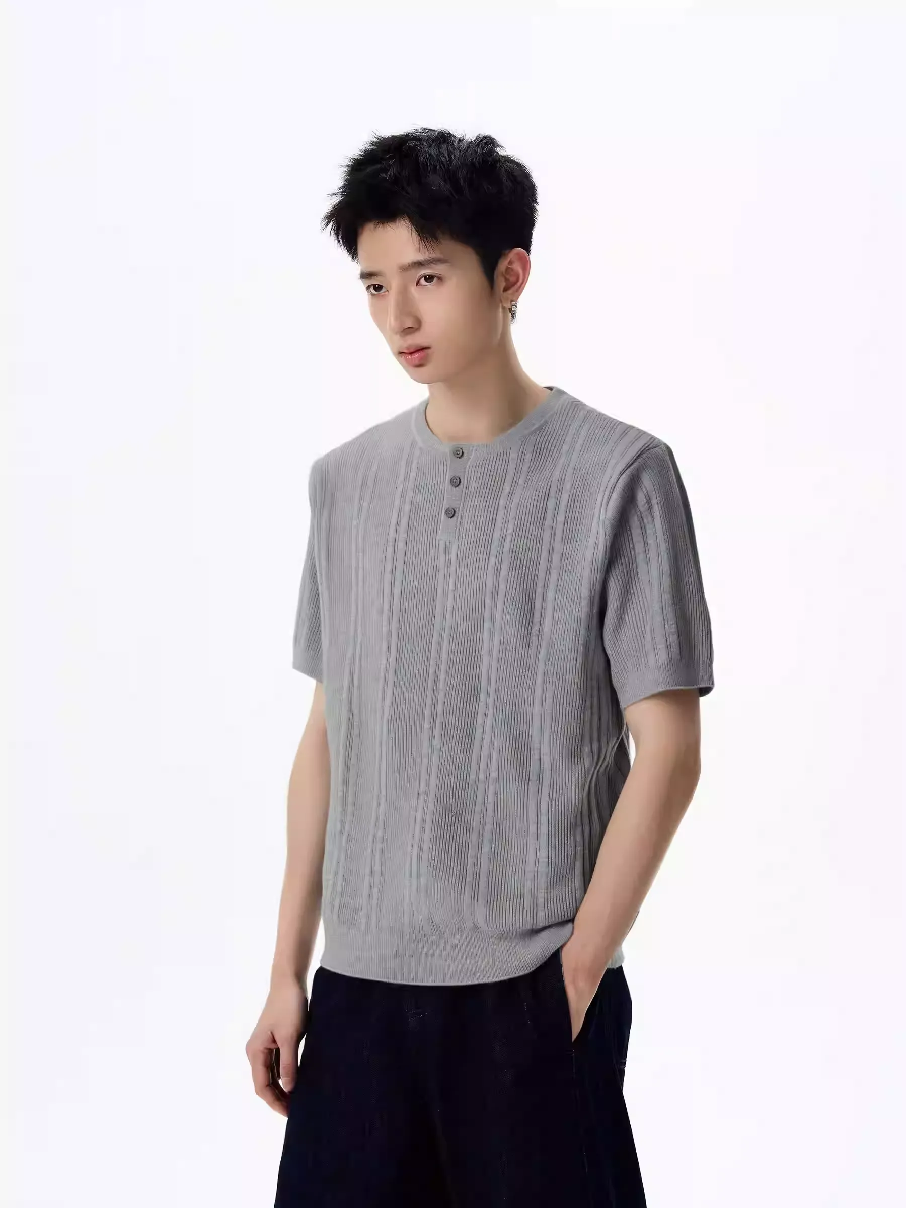 Textured Knit Short Sleeve Henley Shirt - Image 4