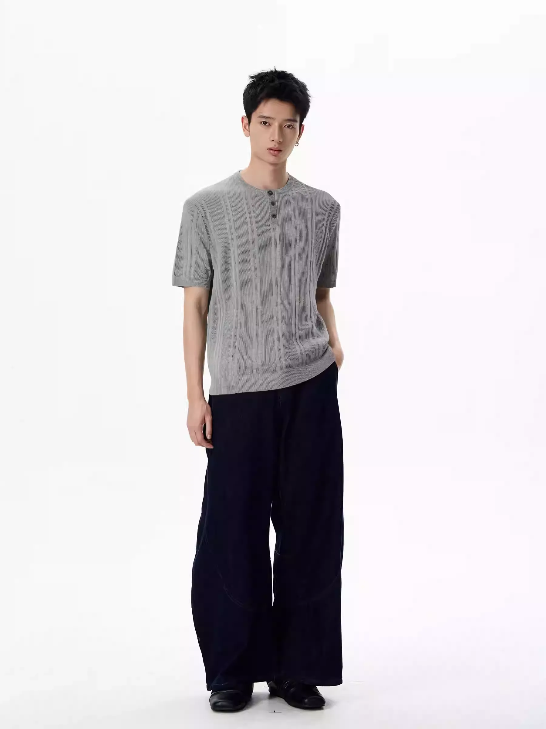 Textured Knit Short Sleeve Henley Shirt - Image 5