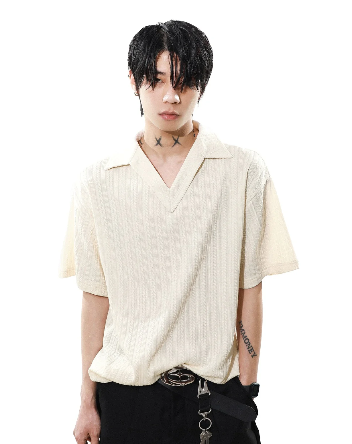 Textured Knit V-Neck Polo Collar Short Sleeve Top - Image 4