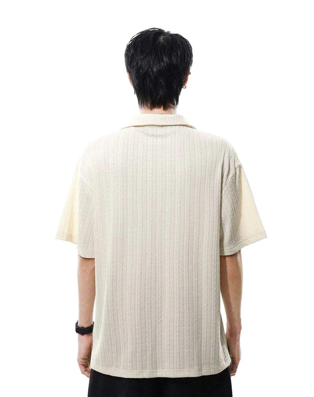 Textured Knit V-Neck Polo Collar Short Sleeve Top - Image 5