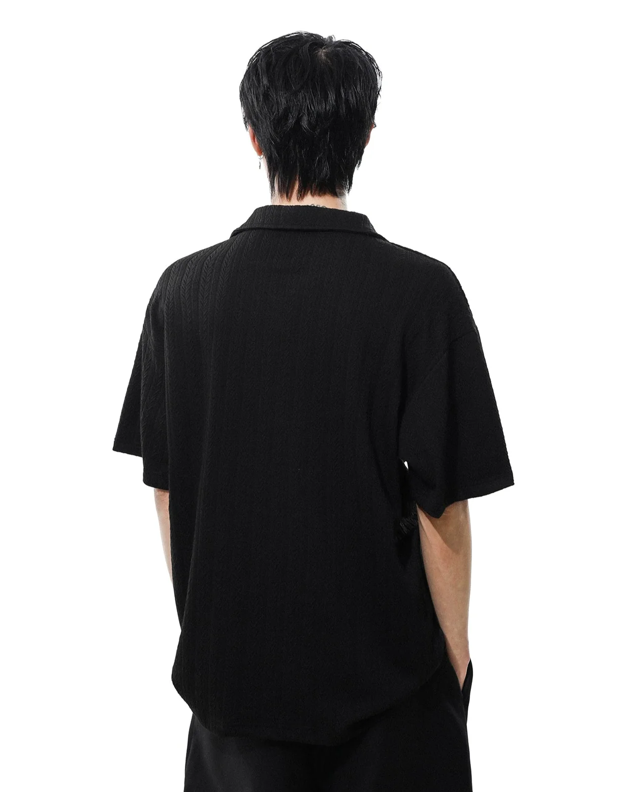 Textured Knit V-Neck Polo Collar Short Sleeve Top - Image 9