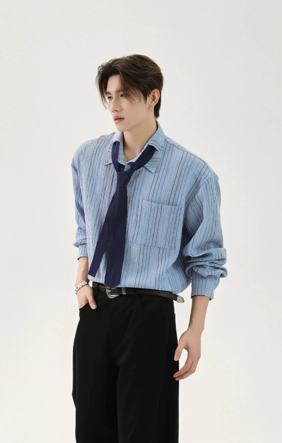 Textured Long Sleeve Button-Up Stripe Shirt with Chest Pocket and Necktie - Image 5