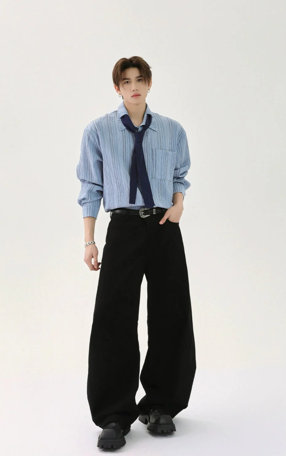 Textured Long Sleeve Button-Up Stripe Shirt with Chest Pocket and Necktie - Image 8