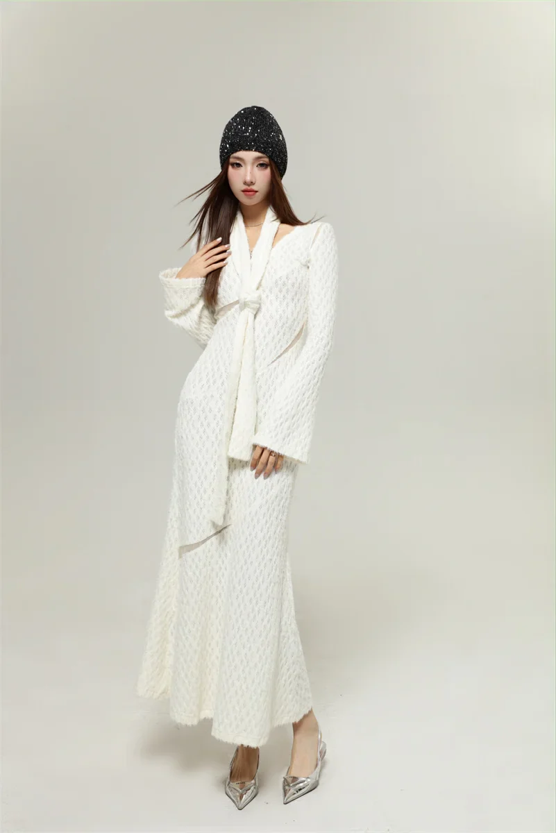 Textured Long Sleeve Mesh Cutout Maxi Sweater Dress with Scarf - Image 5