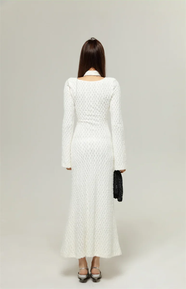 Textured Long Sleeve Mesh Cutout Maxi Sweater Dress with Scarf - Image 7
