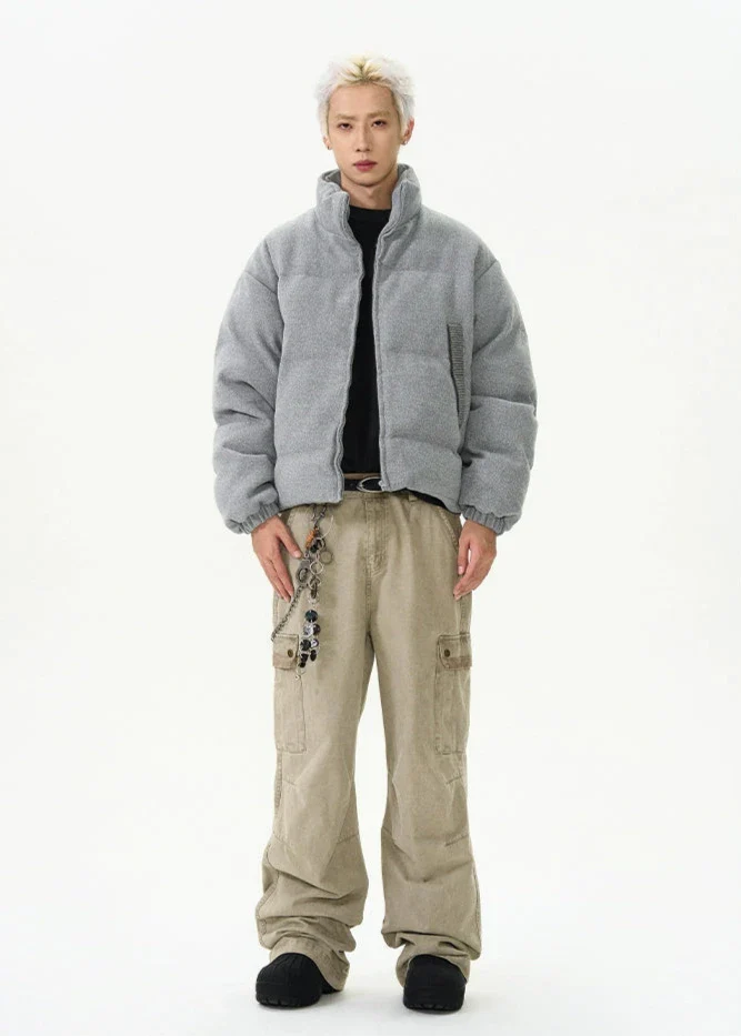 Textured Mid-Crop Puffer Jacket with Ribbed Pocket Details - Image 5