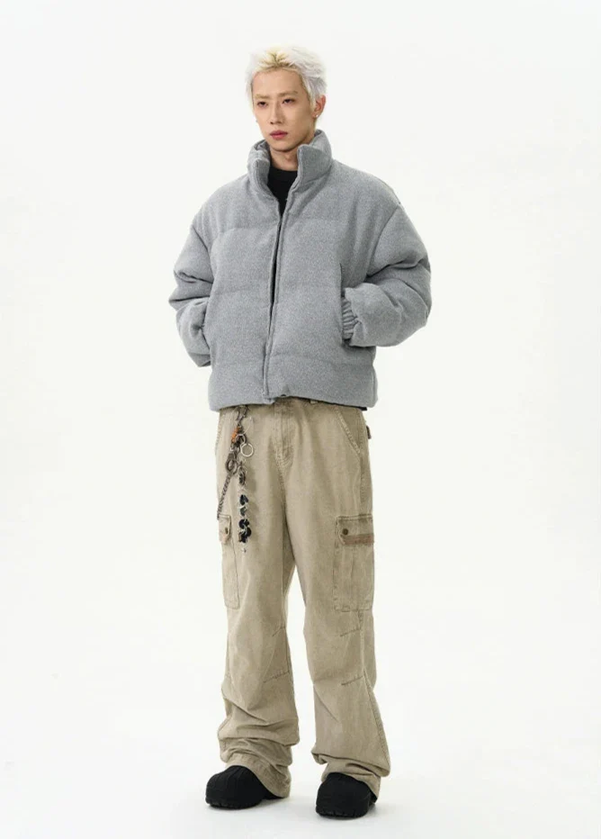 Textured Mid-Crop Puffer Jacket with Ribbed Pocket Details - Image 6