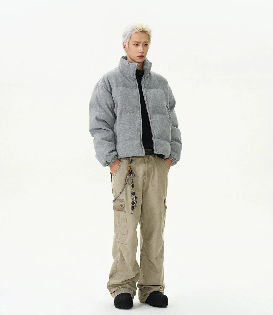 Textured Mid-Crop Puffer Jacket with Ribbed Pocket Details - Image 7