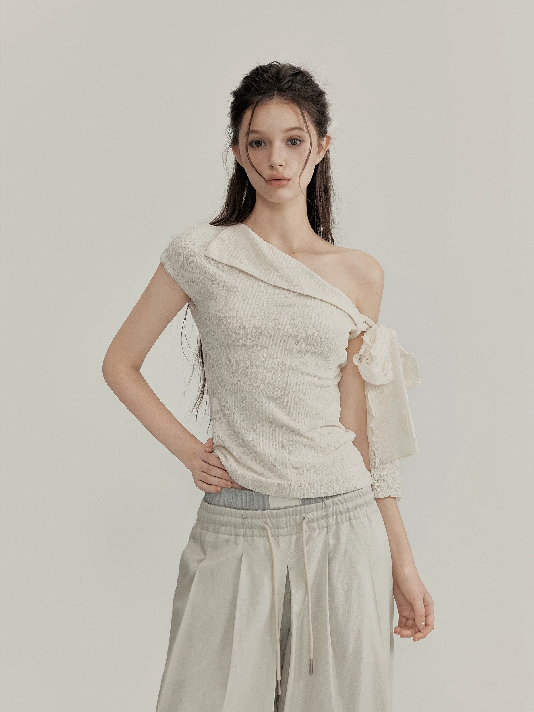 Textured One Shoulder Top with Tie Sleeve Detail