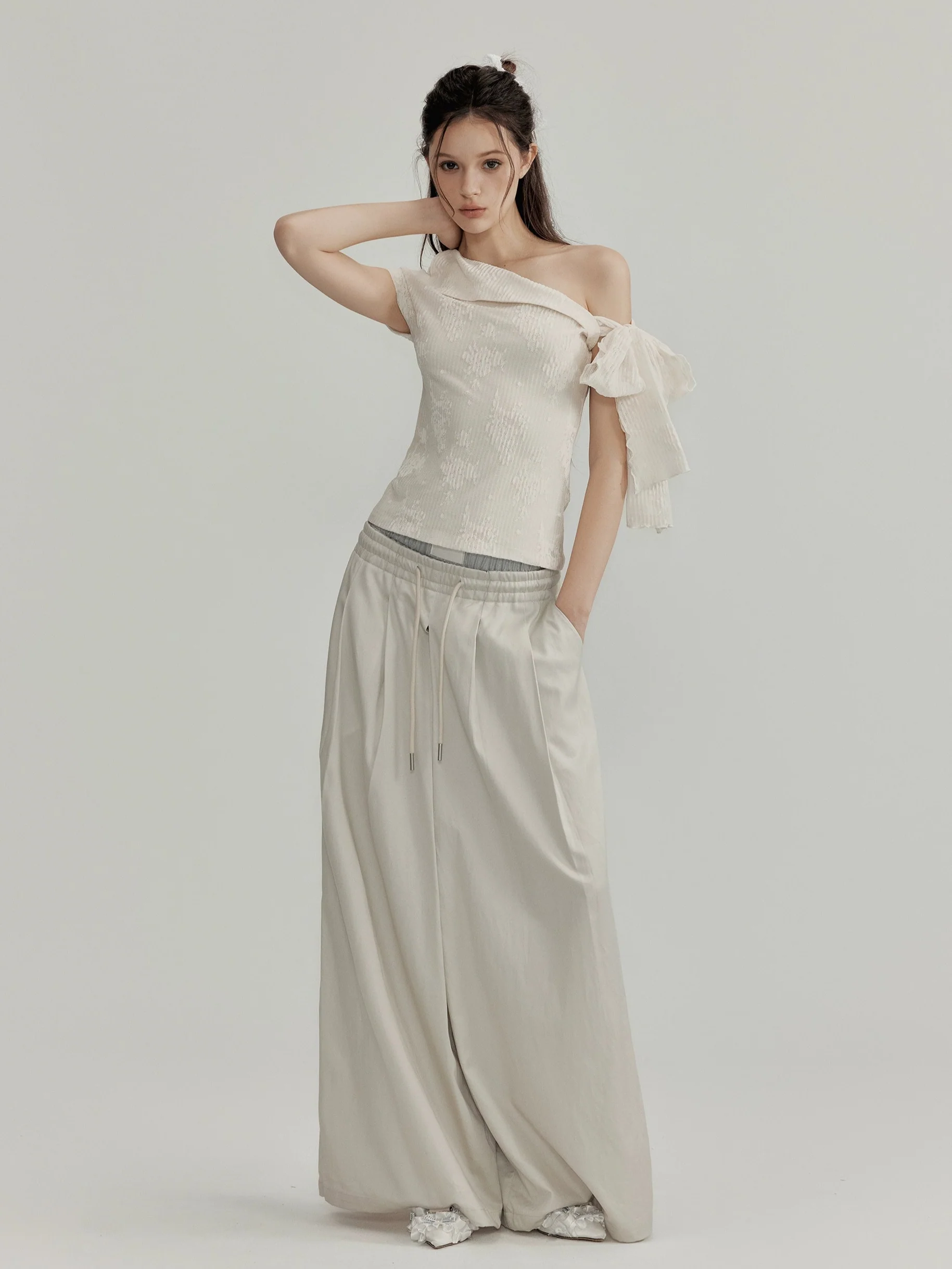 Textured One Shoulder Top with Tie Sleeve Detail - Image 5
