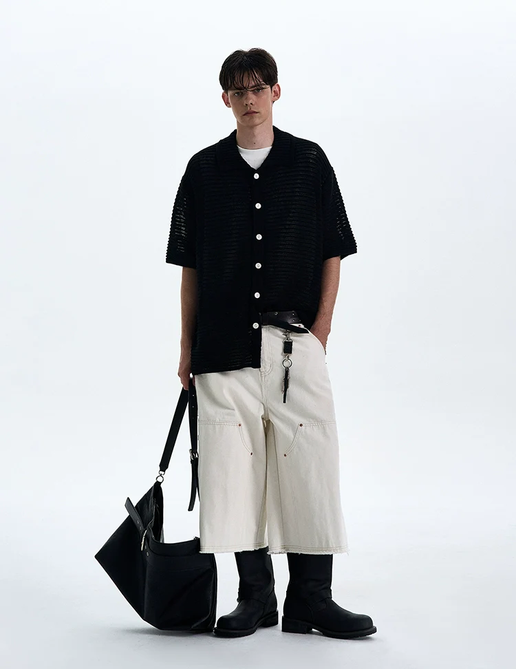 Textured Open Knit Button-Up Short Sleeve Shirt - Image 10