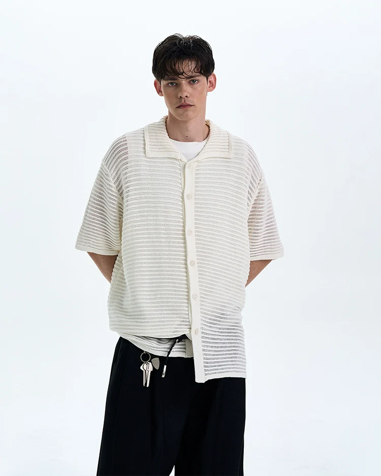 Textured Open Knit Button-Up Short Sleeve Shirt - Image 2