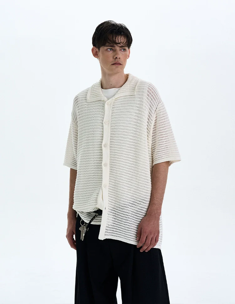 Textured Open Knit Button-Up Short Sleeve Shirt - Image 3