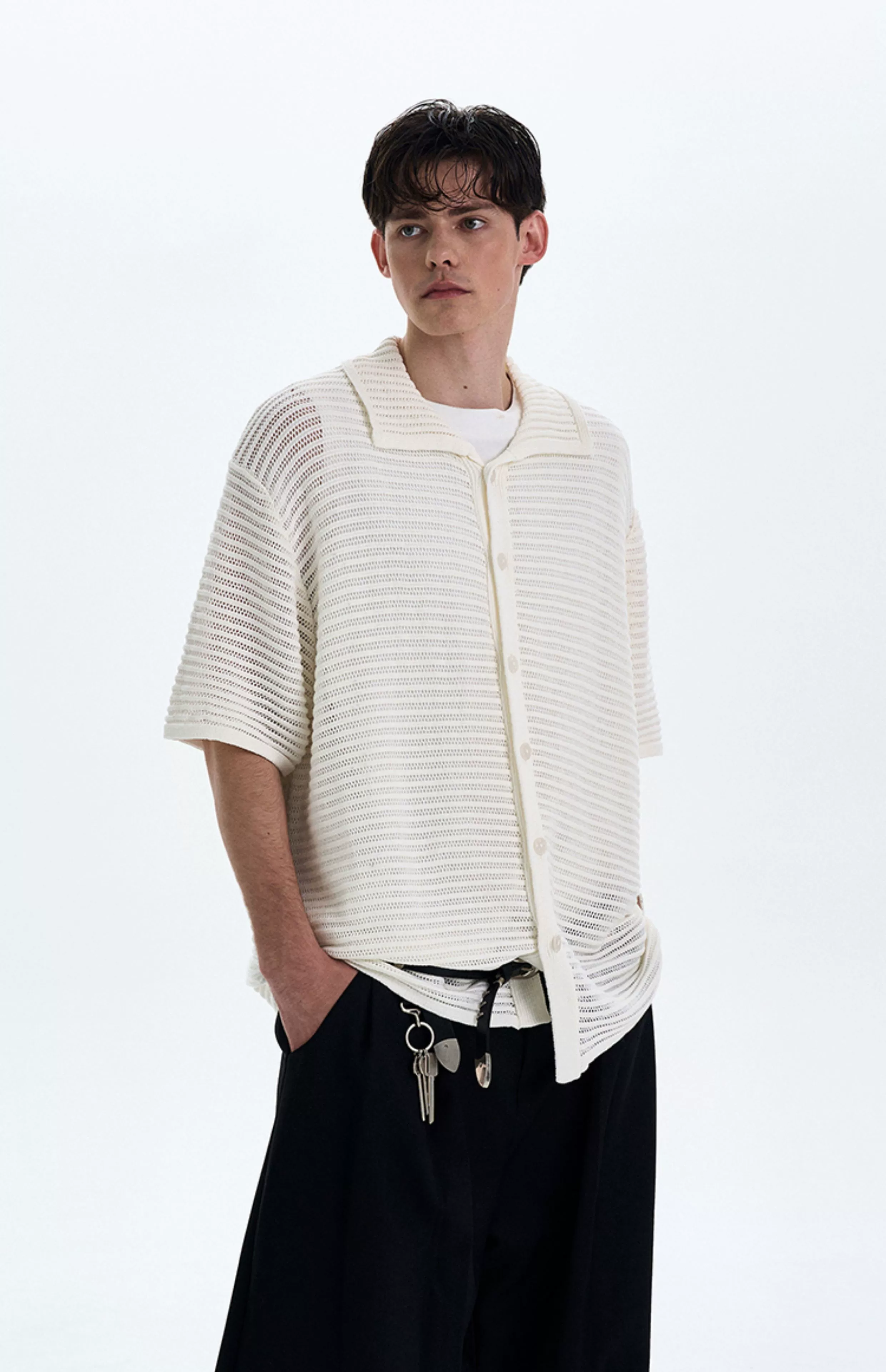 Textured Open Knit Button-Up Short Sleeve Shirt - Image 4