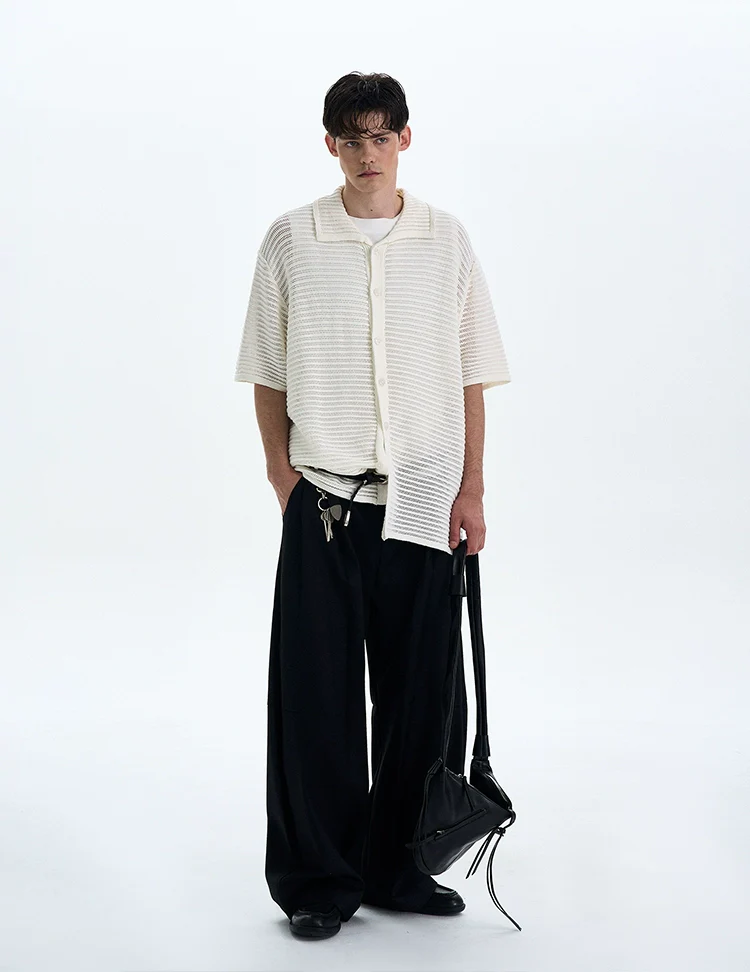 Textured Open Knit Button-Up Short Sleeve Shirt - Image 5