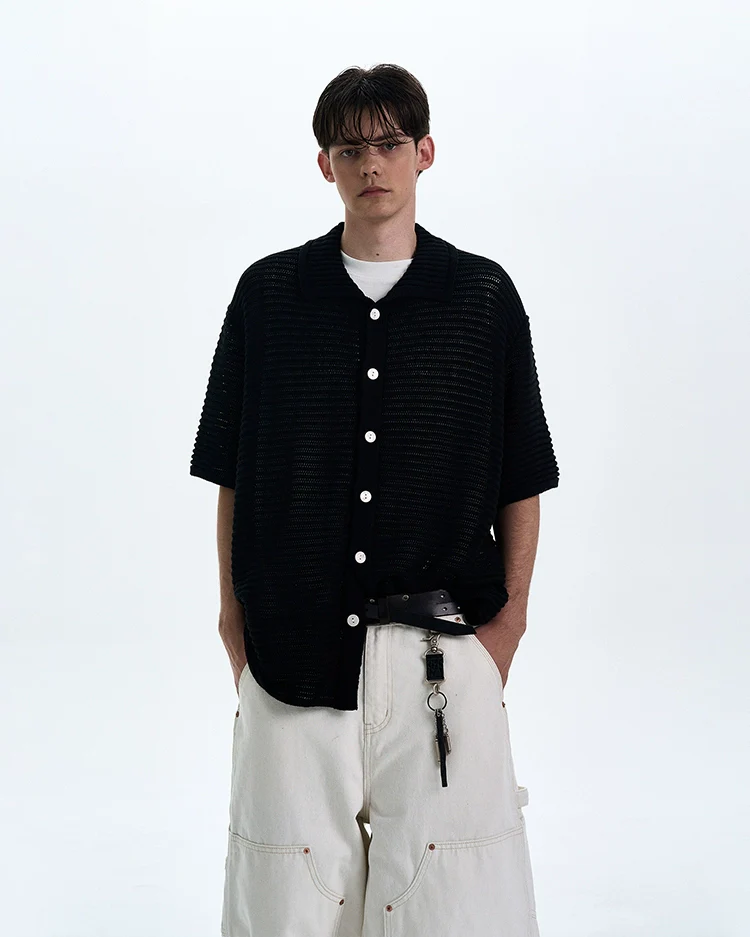 Textured Open Knit Button-Up Short Sleeve Shirt - Image 6