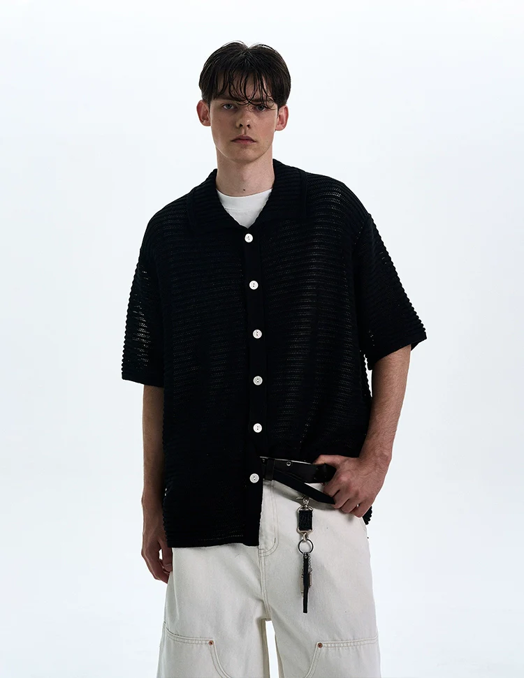 Textured Open Knit Button-Up Short Sleeve Shirt - Image 7