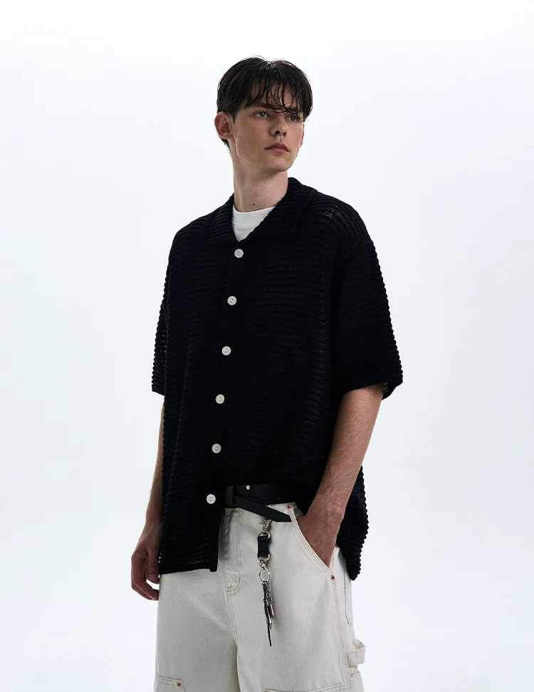 Textured Open Knit Button-Up Short Sleeve Shirt - Image 8