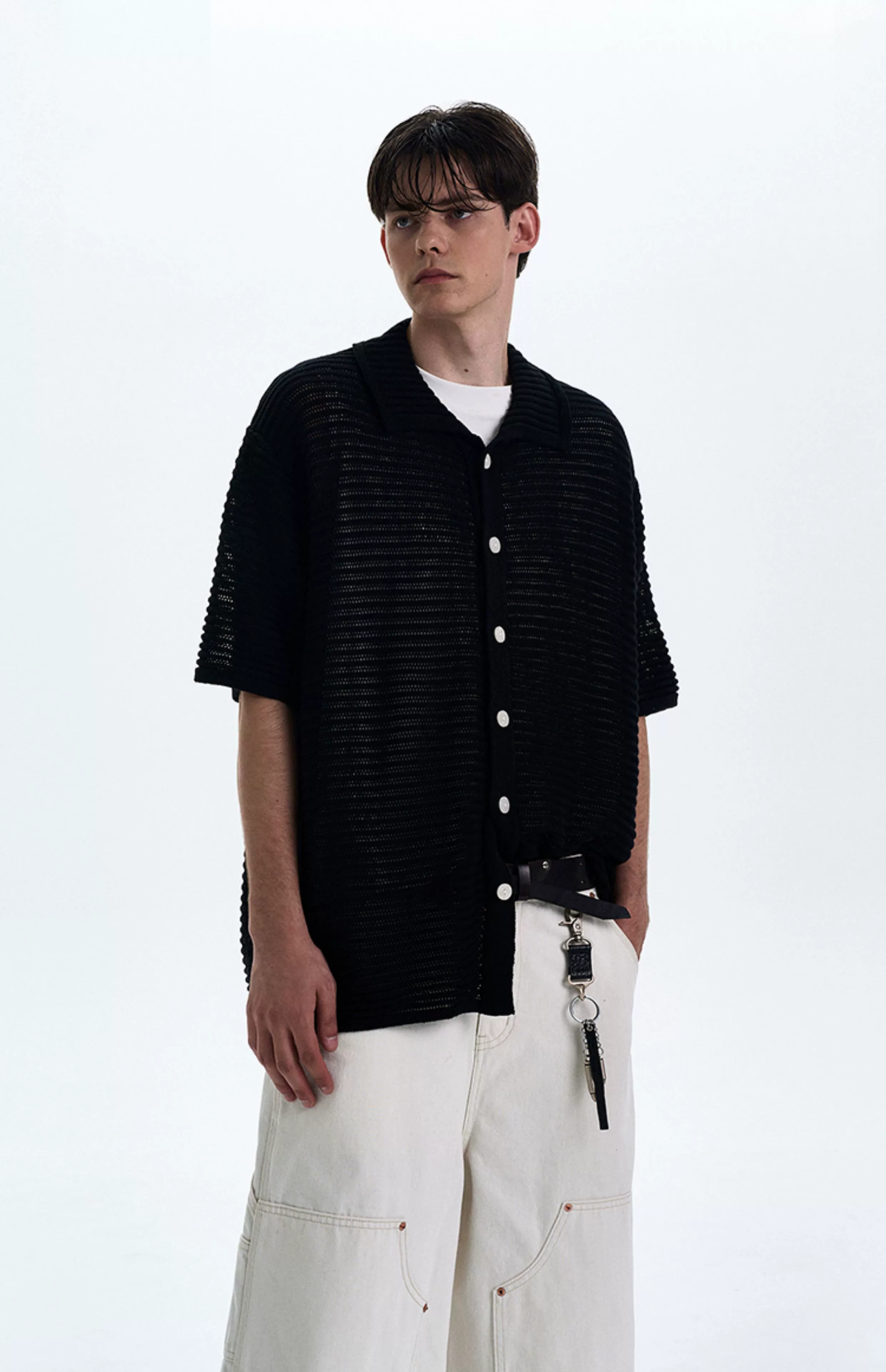 Textured Open Knit Button-Up Short Sleeve Shirt - Image 9