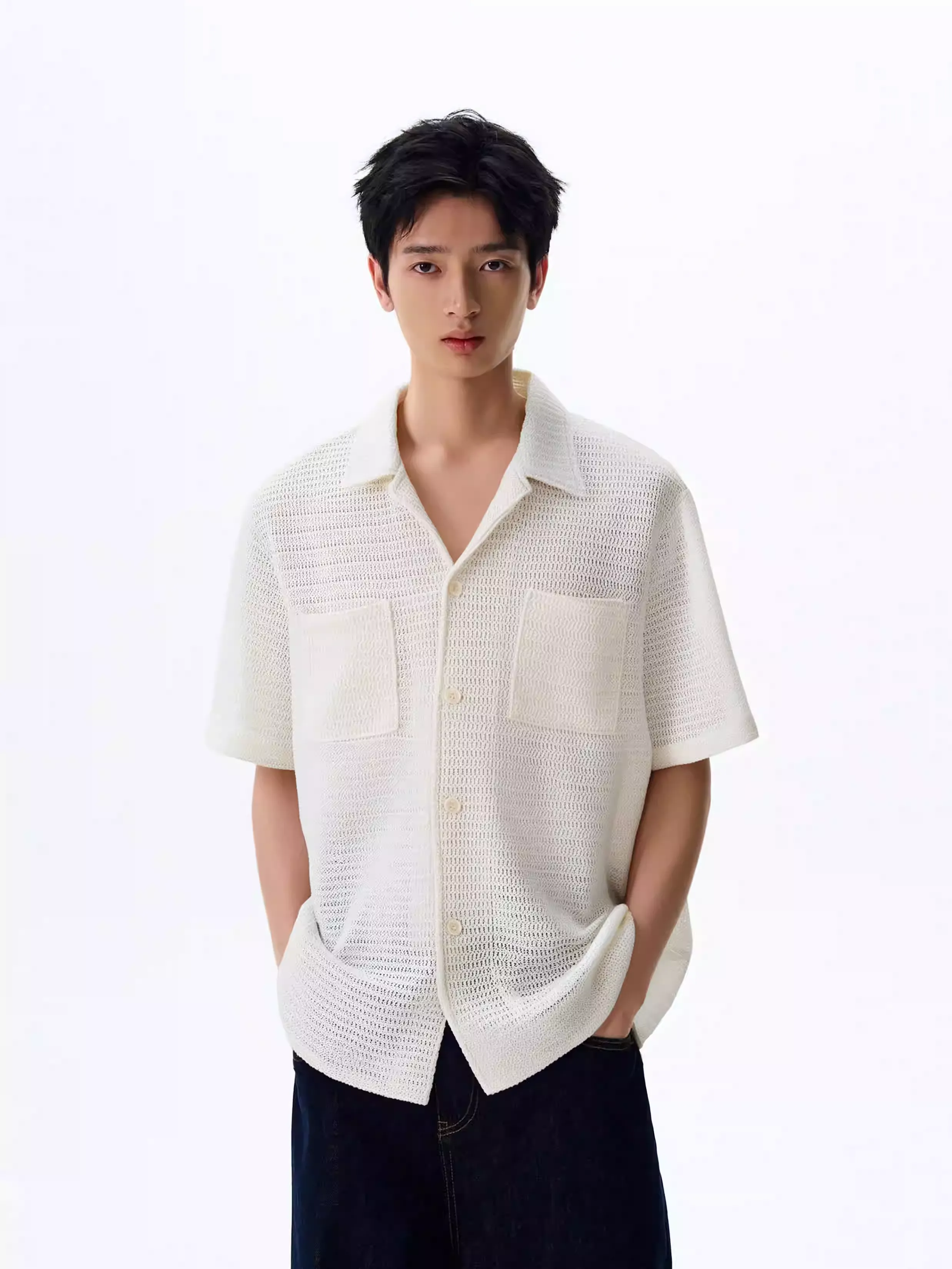 Textured Open Knit Short Sleeve Button Shirt with Pockets
