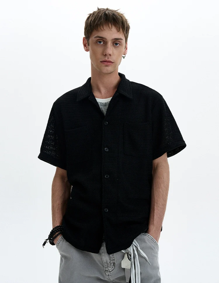 Textured Open-Knit Short Sleeve Button-Up Shirt with Patch Pockets - Image 6
