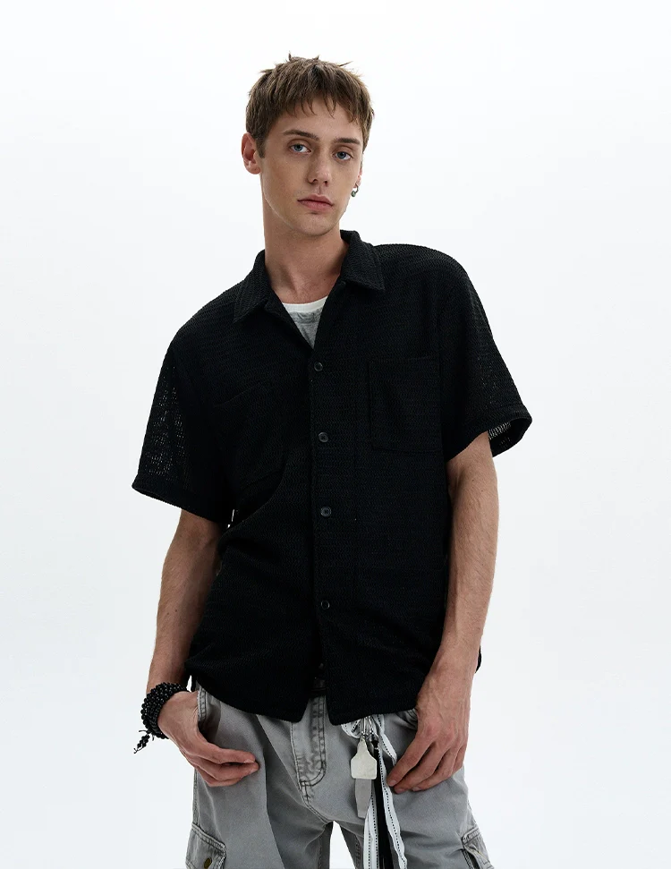 Textured Open-Knit Short Sleeve Button-Up Shirt with Patch Pockets - Image 8