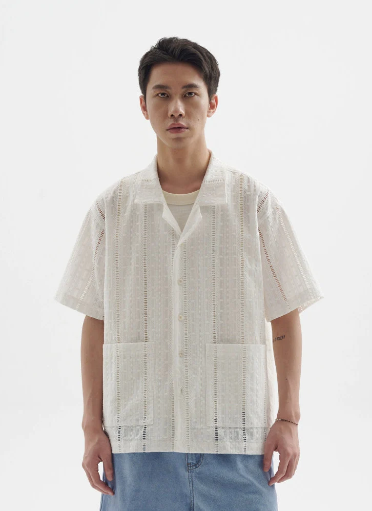 Textured Open Weave Button-Up Shirt with Pockets