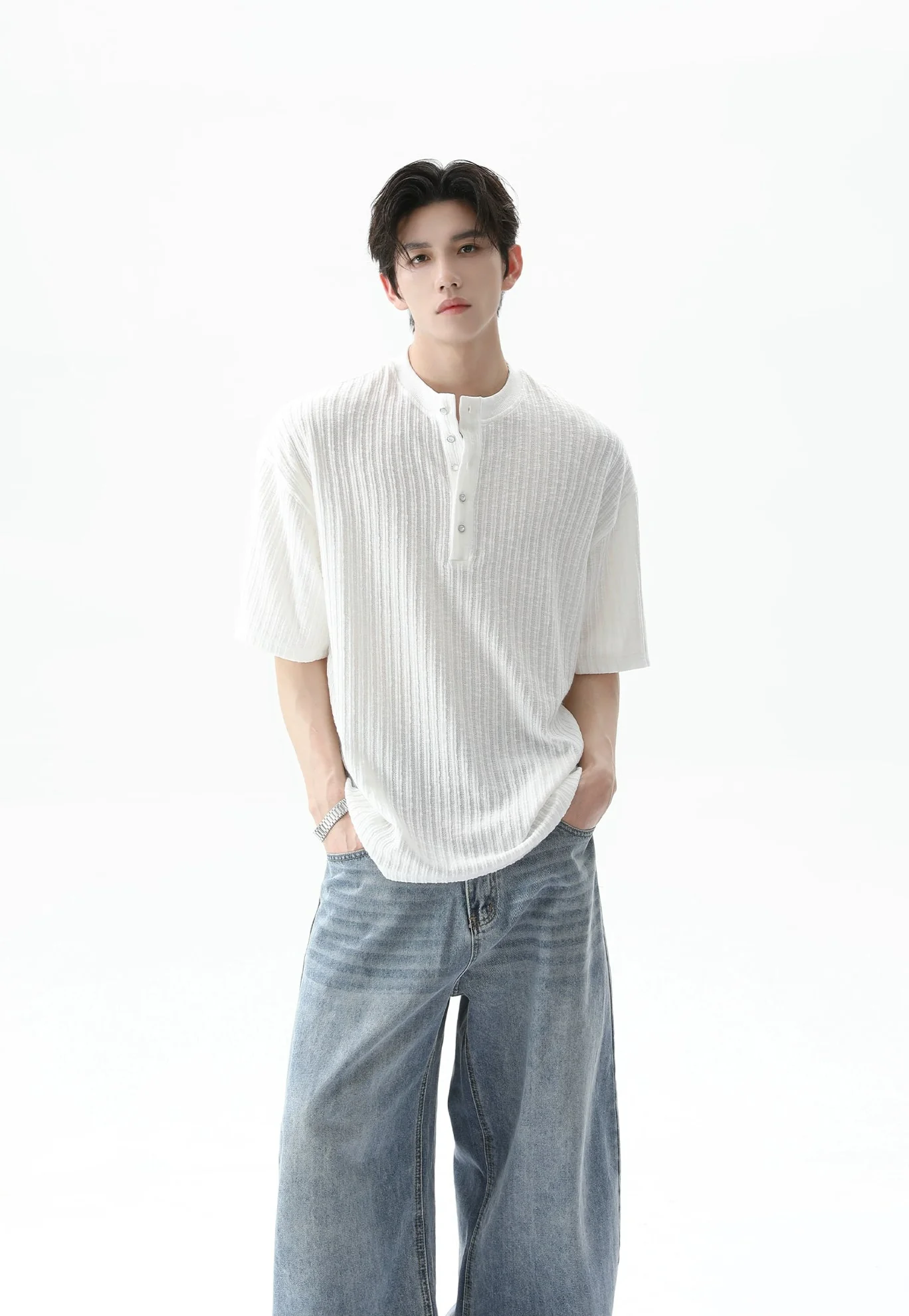 Textured Ribbed Henley Half Sleeve Top - Image 2