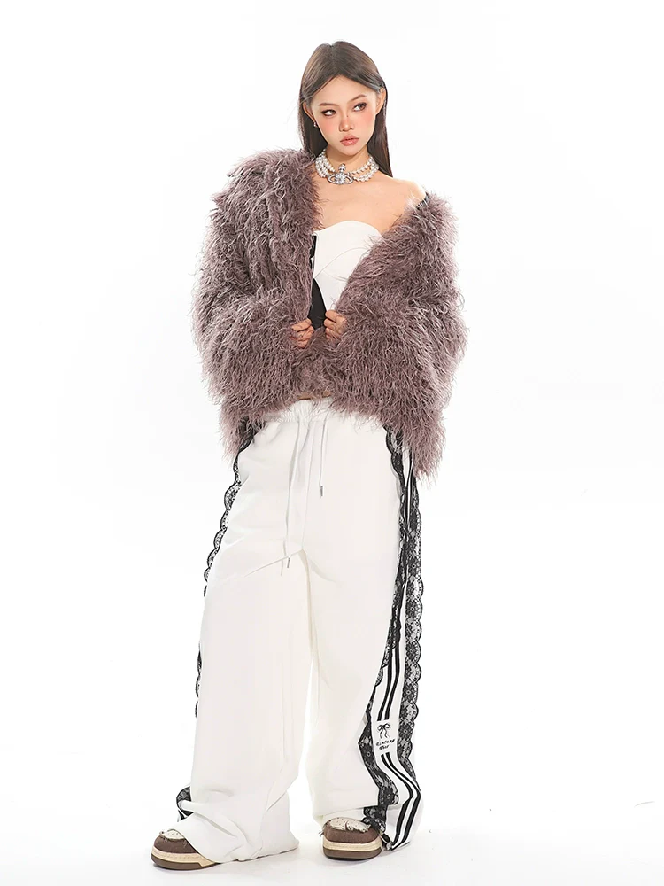 Textured Shaggy Faux Fur Collarless Coat - Image 11