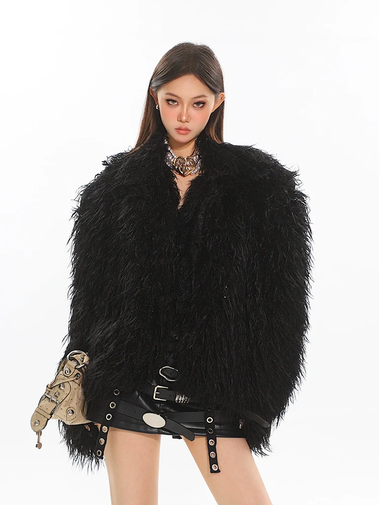 Textured Shaggy Faux Fur Collarless Coat - Image 14