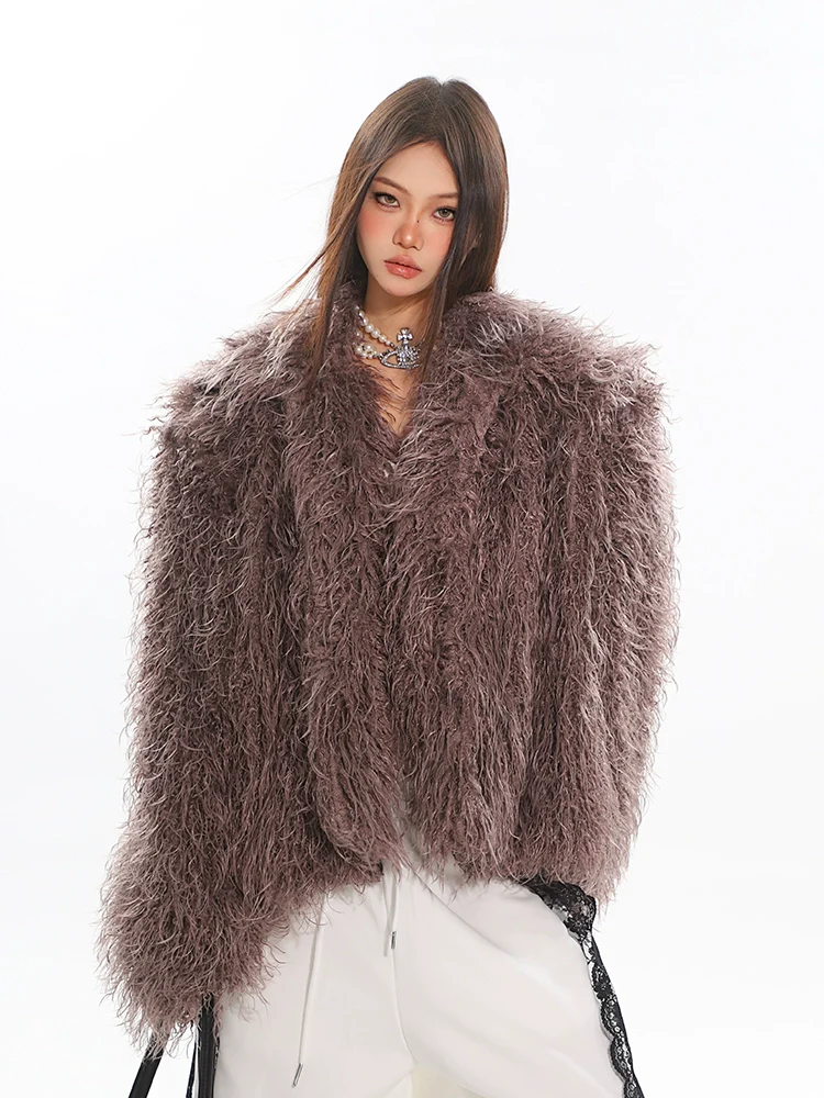 Textured Shaggy Faux Fur Collarless Coat - Image 3
