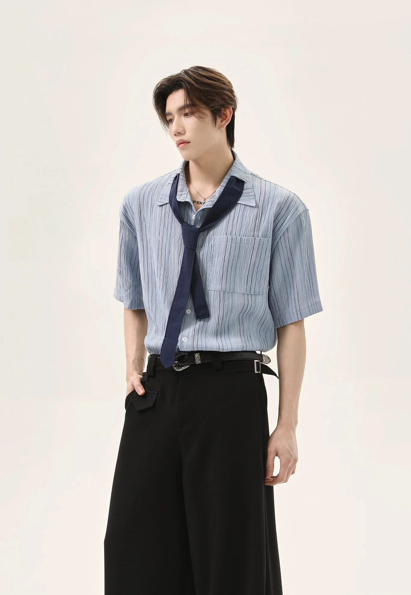 Textured Short Sleeve Button-Up Stripe Shirt with Chest Pocket and Necktie - Image 6