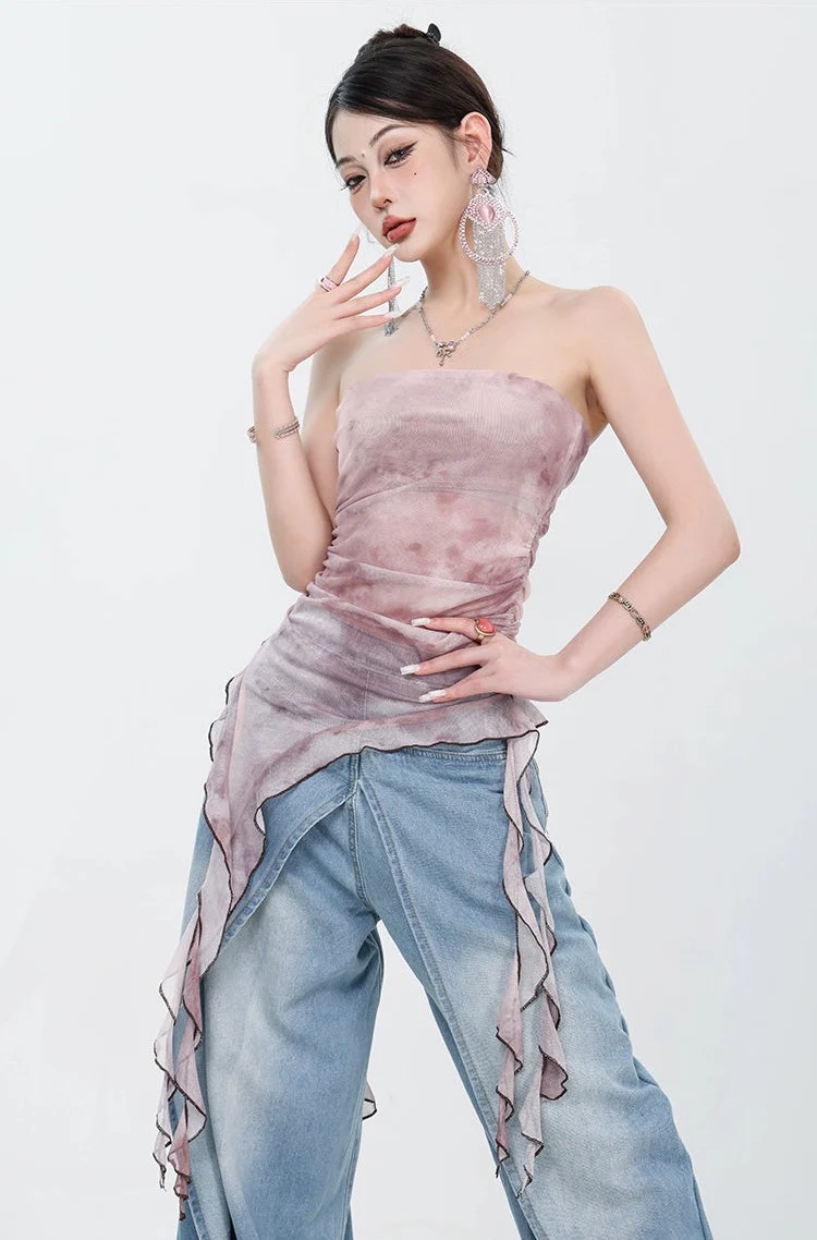 Tie-Dye Ruffled Mesh Tulle Tube Top - Image 8