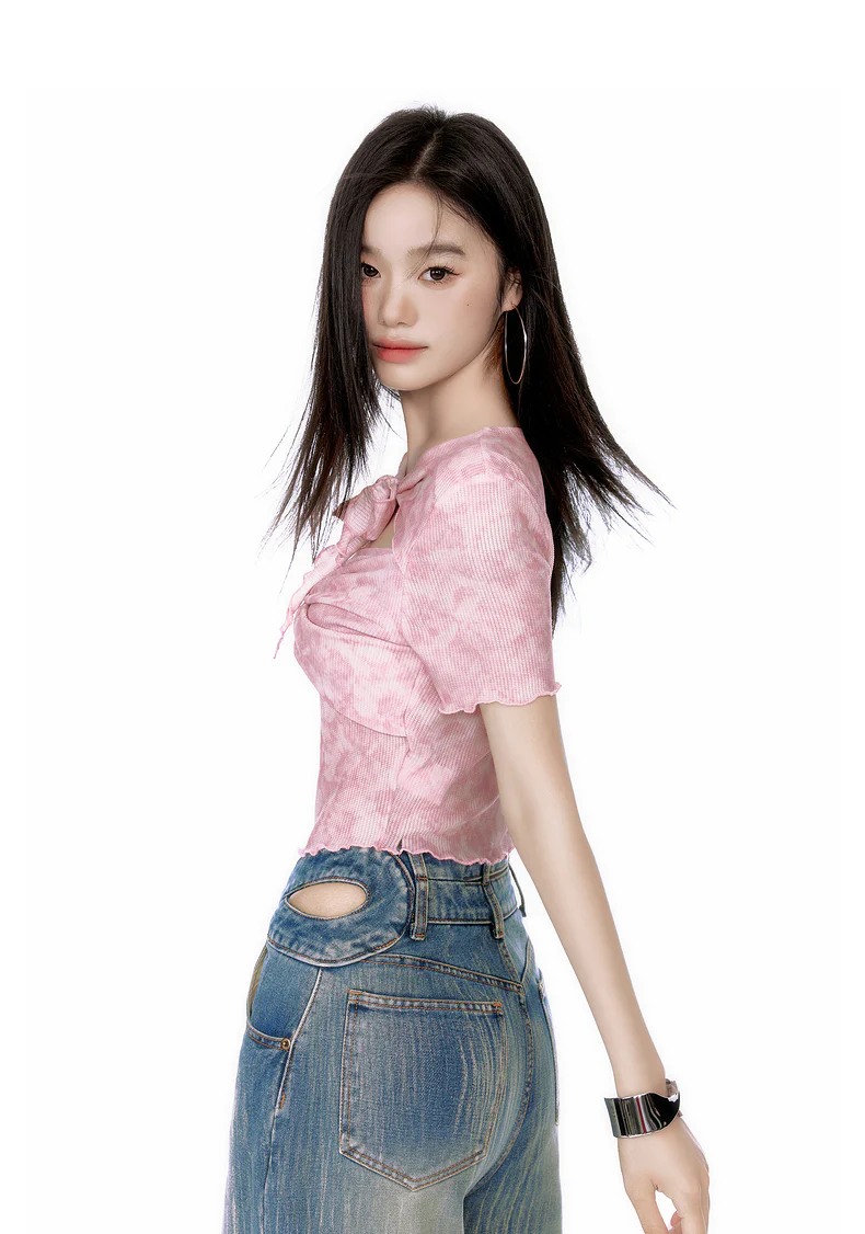 Tie Front Cutout Ribbed Short Sleeve Crop Top - Image 3