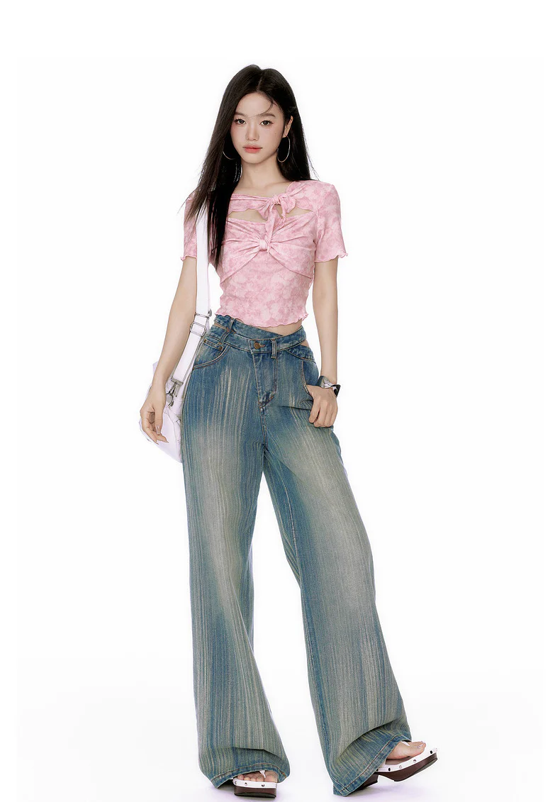 Tie Front Cutout Ribbed Short Sleeve Crop Top - Image 4