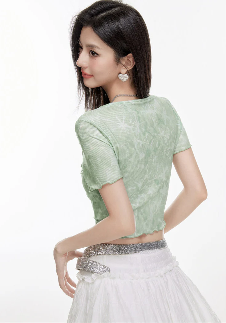 Tie Front Cutout Ribbed Short Sleeve Crop Top - Image 6