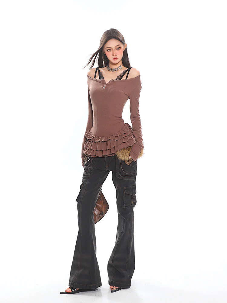 Tiered Ruffle Long Sleeve Mini Dress with Lace Trim - Image 13