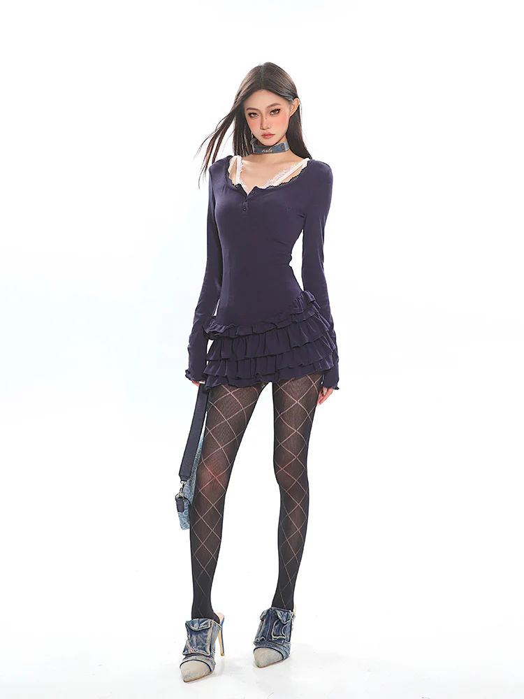 Tiered Ruffle Long Sleeve Mini Dress with Lace Trim - Image 8