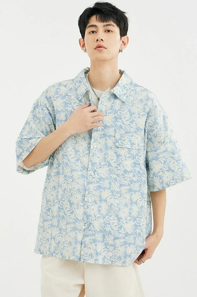 Tropical Leaf Print Short Sleeve Button-Up Shirt - Image 2